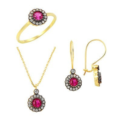 14K Solid Gold Gemstone Cz Ruby Set