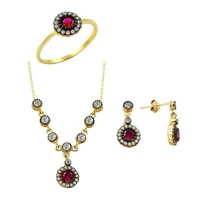 14K Solid Gold Gemstone Cz Ruby Set