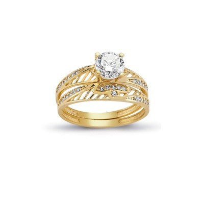 14K Solid Gold Solitaire With Band Engagement Wedding Ring Set