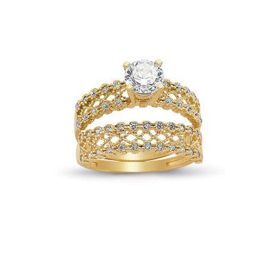 14K Solid Gold Solitaire With Band Engagement Wedding Ring Set