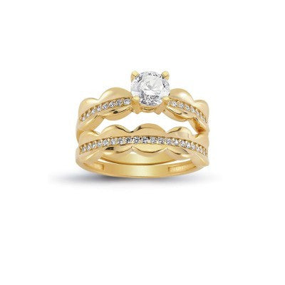 14K Solid Gold Solitaire With Band Engagement Wedding Ring Set