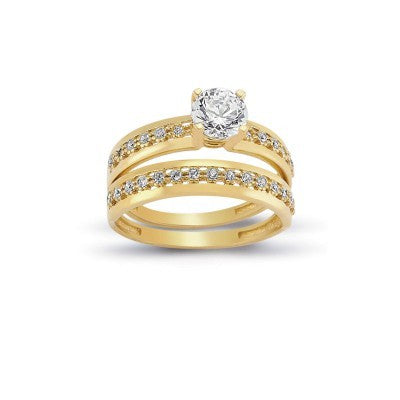 14K Solid Gold Solitaire With Band Engagement Wedding Ring Set