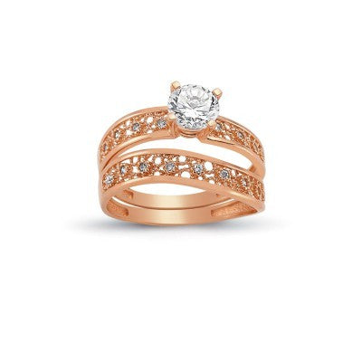 14K Solid Gold Solitaire With Band Engagement Wedding Ring Set