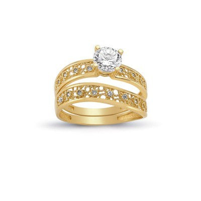 14K Solid Gold Solitaire With Band Engagement Wedding Ring Set