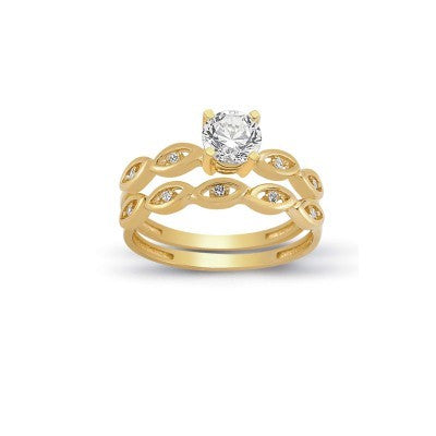 14K Solid Gold Solitaire With Band Engagement Wedding Ring Set