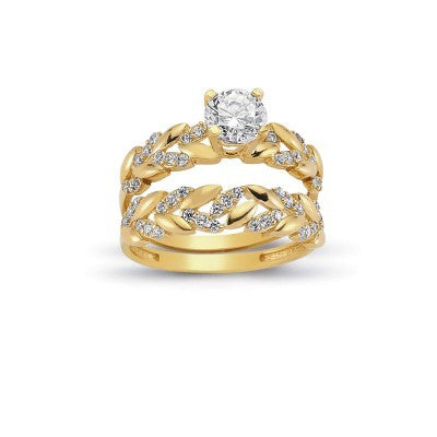 14K Solid Gold Solitaire With Band Engagement Wedding Ring Set