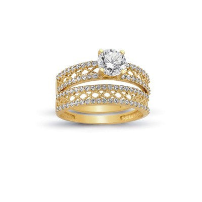 14K Solid Gold Solitaire With Band Engagement Wedding Ring Set