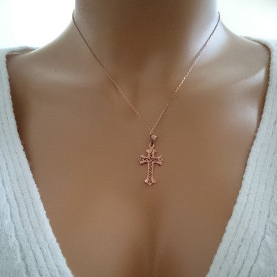 14K Solid Gold Cross Charm Necklace