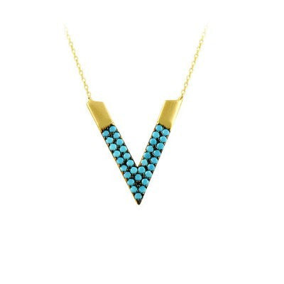 14K Solid Rose Gold Turquoise Art Design " V " Charm Pendant Necklace