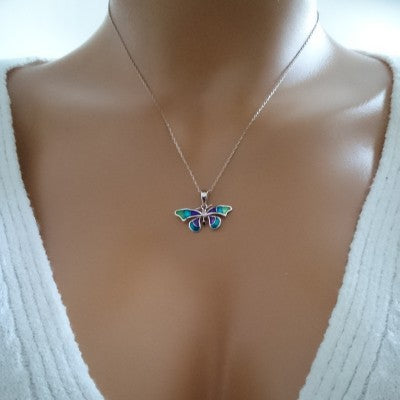 14K White Gold Green Blue Butterfly Necklace