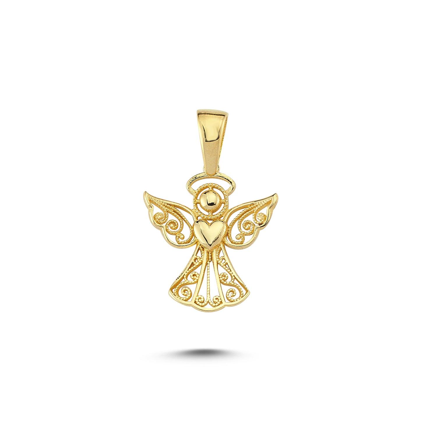 14K Gold Angel Motif Pattern Heart Charm Necklace