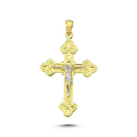 14K Yellow and White Gold Big Cross Charm Necklace