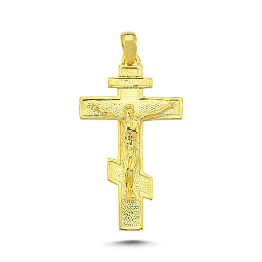 14K Gold Russian Orthodox Brass Pectoral Cross Charm Necklace