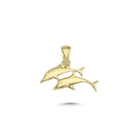 14K Gold Double Dolphin Animal Charm Necklace