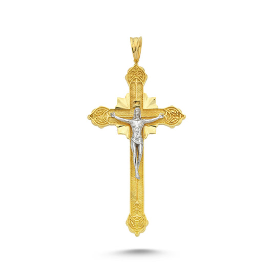 14K Yellow and White Gold Big Cross Charm Necklace