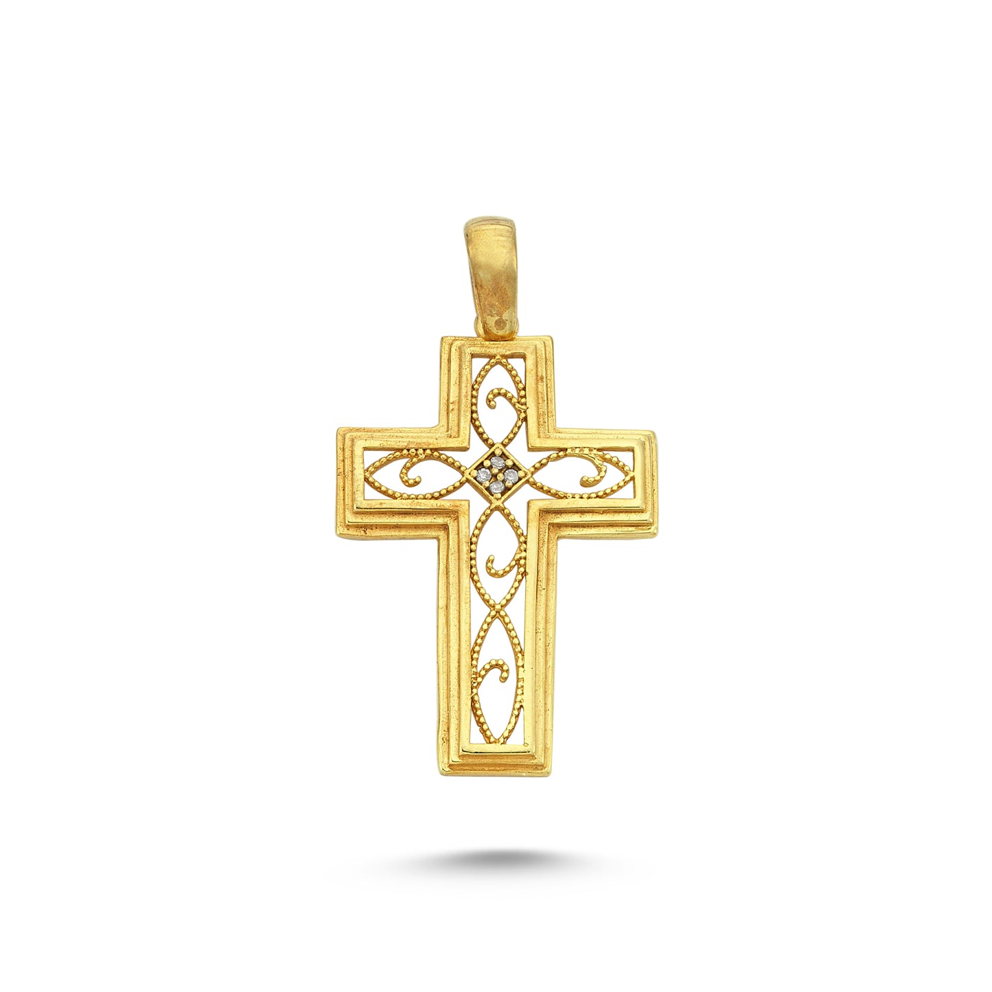 14K Gold Two Tone Filigree Border Crucifix Cross Pendant