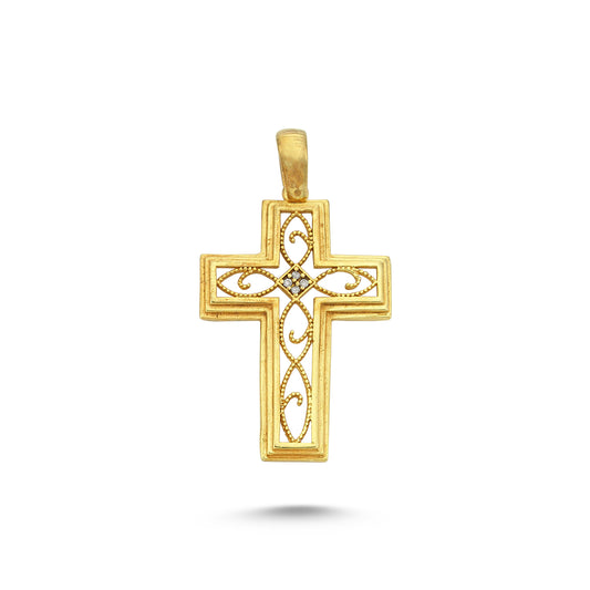 14K Gold Two Tone Filigree Border Crucifix Cross Pendant