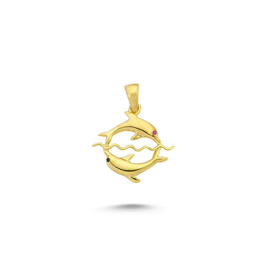 14K Gold Double Dolphin Animal Charm Necklace