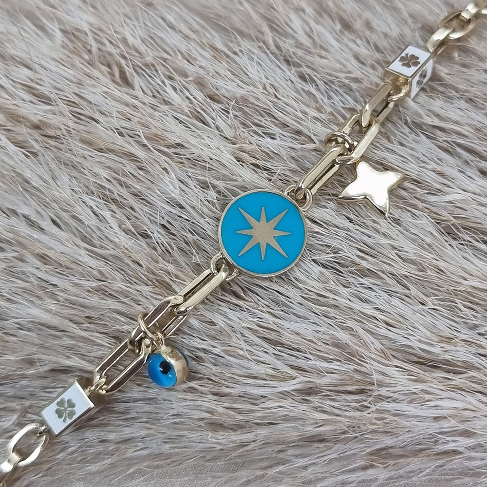 14K Solid Gold North Star Evil Eye Women Bracelet