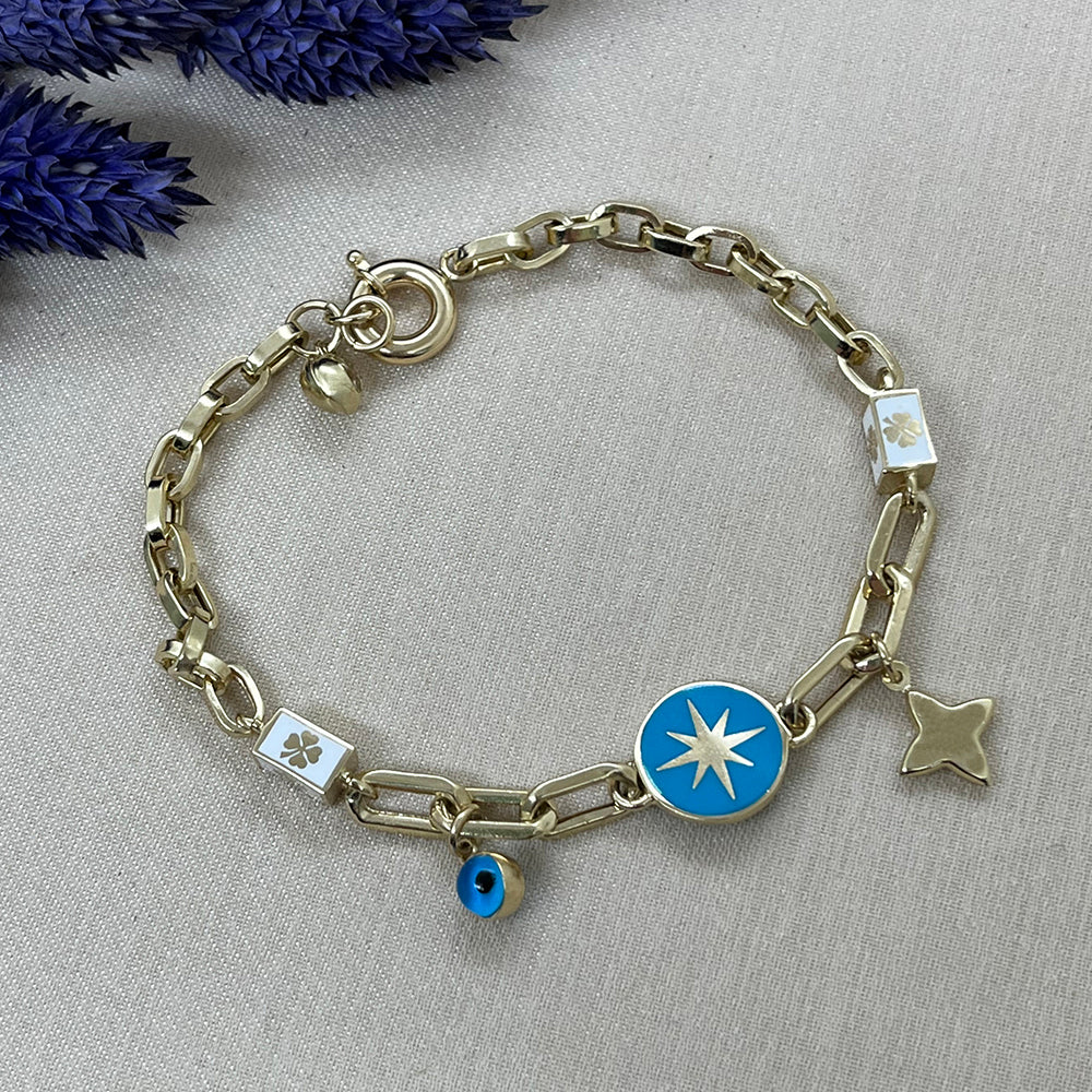 14K Solid Gold North Star Evil Eye Women Bracelet