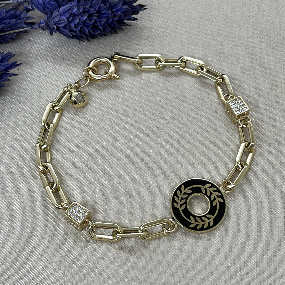 14K Solid Gold Black Enamel Peace Women Bracelet