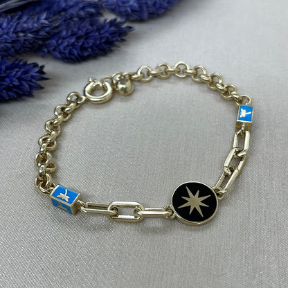 14K Solid Gold Black Enamel North Star Charm Bracelet