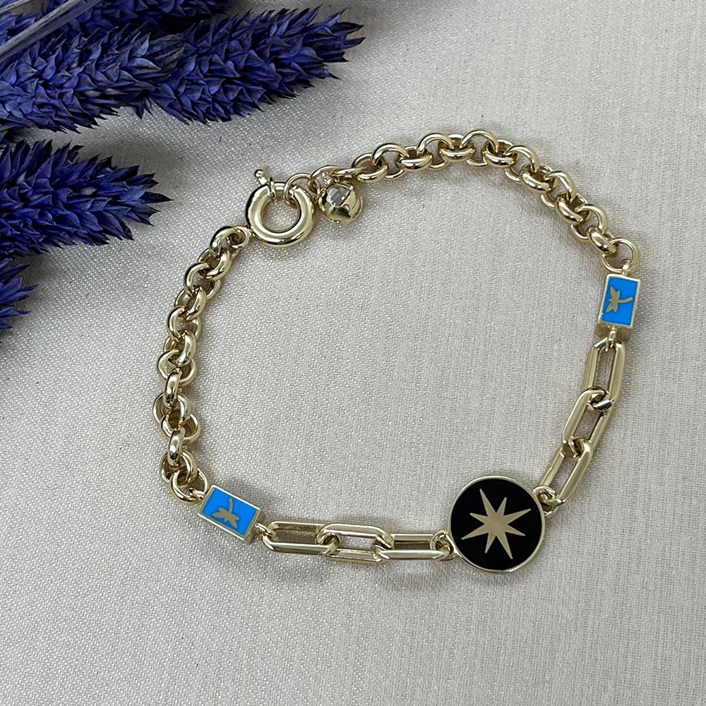 14K Solid Gold Black Enamel North Star Charm Bracelet