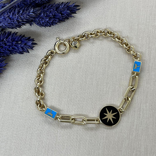 14K Solid Gold Black North Star Charm Bracelet