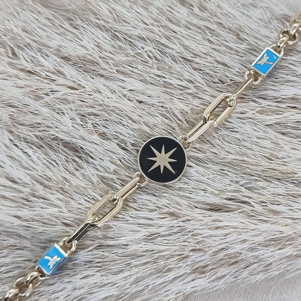 14K Solid Gold Black North Star Charm Bracelet