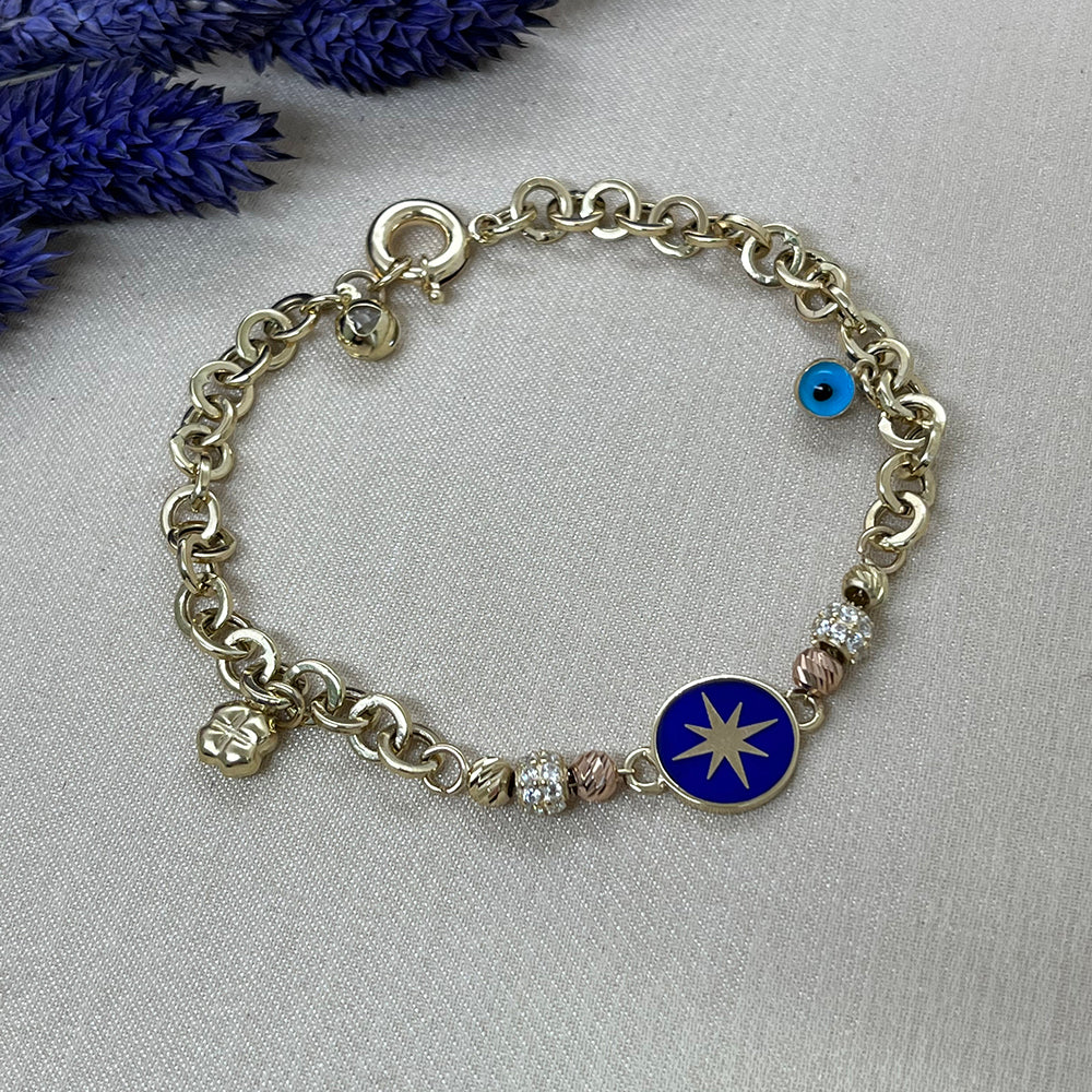 14K Solid Gold Blue Enamel North Star Evil Eye Charm Bracelet