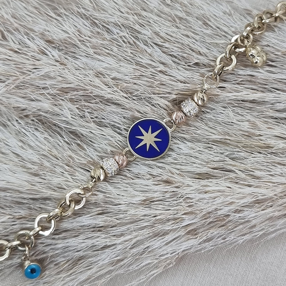 14K Solid Gold Blue Enamel North Star Evil Eye Charm Bracelet