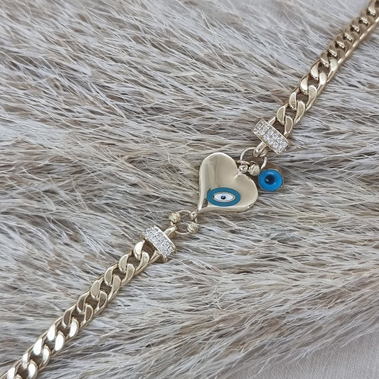 14K Solid Gold  Evil Eye Heart Women Bracelet