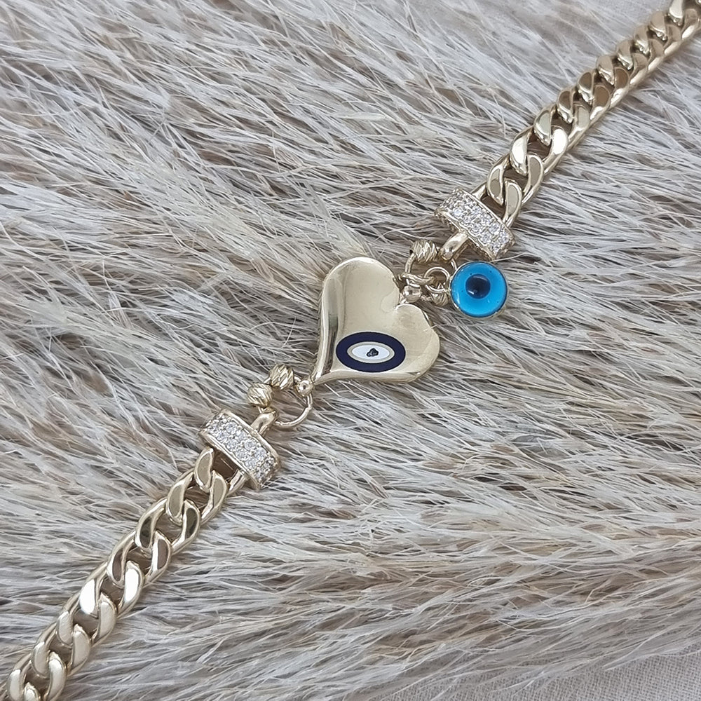 14K Solid Gold  Evil Eye Heart Women Bracelet