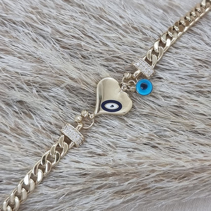 14K Solid Gold  Evil Eye Heart Women Bracelet