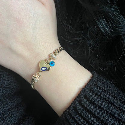 14K Solid Gold  Evil Eye Heart Women Bracelet