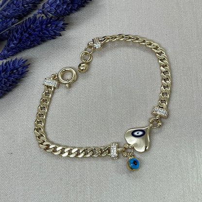 14K Solid Gold  Evil Eye Heart Women Bracelet