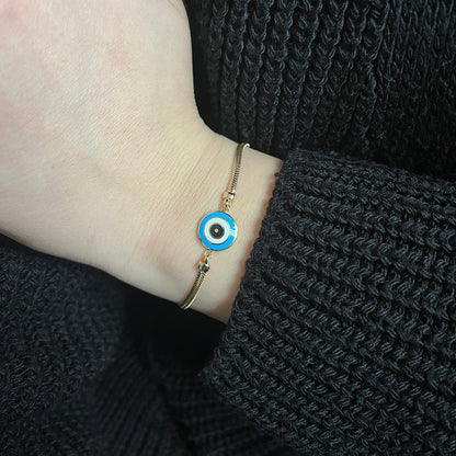 14K Solid Gold Circle Evil Eye Snake Chain Bracelet