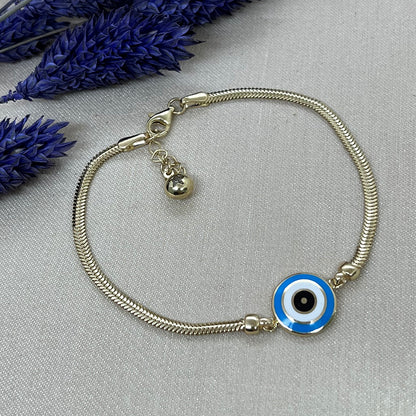 14K Solid Gold Circle Evil Eye Snake Chain Bracelet