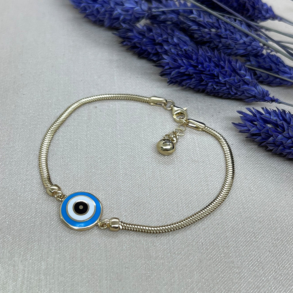 14K Solid Gold Circle Evil Eye Snake Chain Bracelet