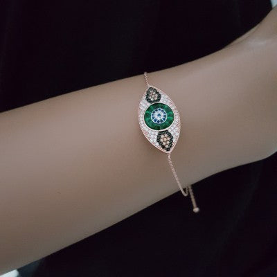 925K Silver Turkish Green Leopard Evil Eye Bracelet