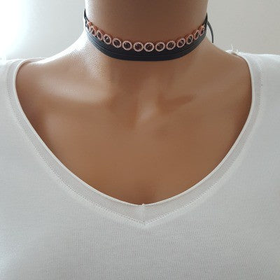 925K Sterling Silver Choker Cz Diamond Black Leather Necklace