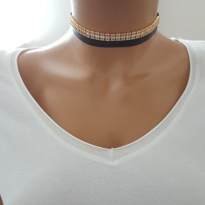 925K Sterling Silver Choker Cz Diamond Black Leather Necklace