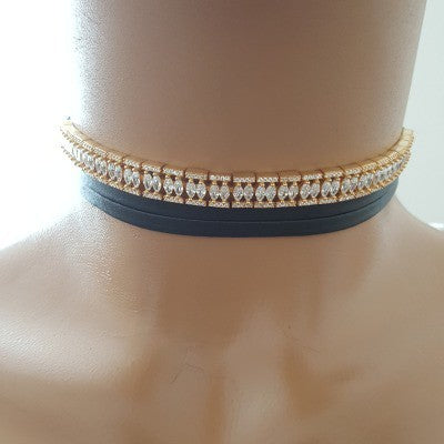 925K Sterling Silver Choker Cz Diamond Black Leather Necklace