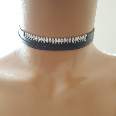 925K Sterling Silver Choker Cz Diamond Black Leather Necklace