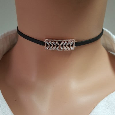 925K Sterling Silver Choker Cz Diamond Black Leather Necklace