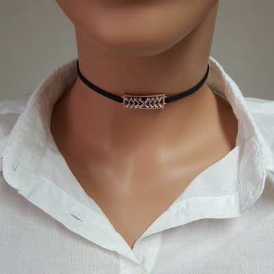 925K Sterling Silver Choker Cz Diamond Black Leather Necklace