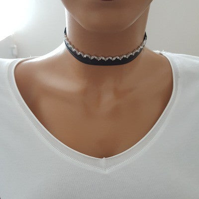 925K Sterling Silver Choker Cz Diamond Black Leather Necklace