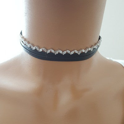 925K Sterling Silver Choker Cz Diamond Black Leather Necklace