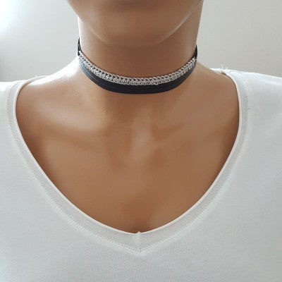 925K Sterling Silver Choker Cz Diamond Black Leather Necklace