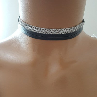 925K Sterling Silver Choker Cz Diamond Black Leather Necklace